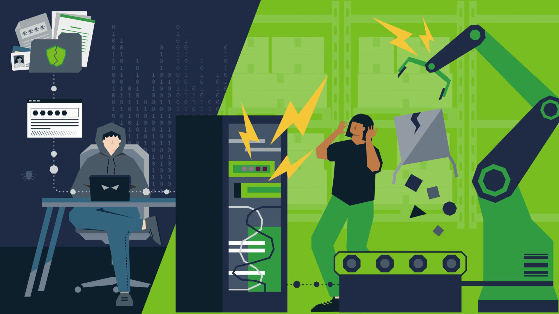 Graphic illustration of damaged server and someone leading a cyber attack