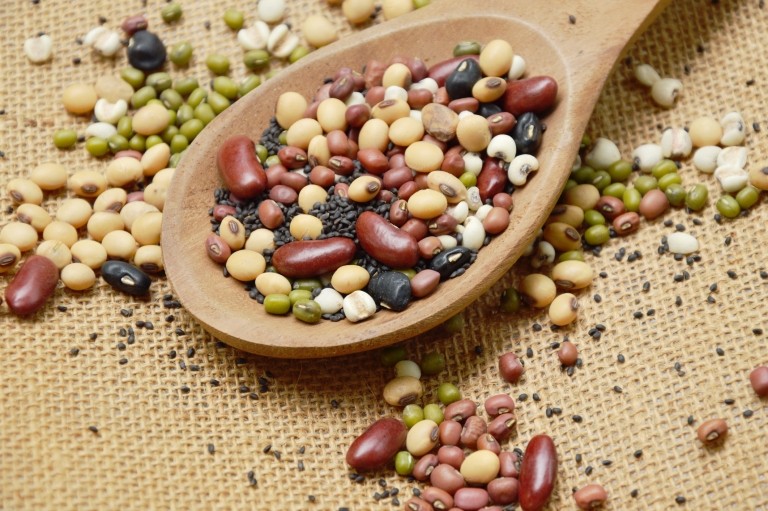 Raw variety bean and cereal plant in wooden scoop on sack
